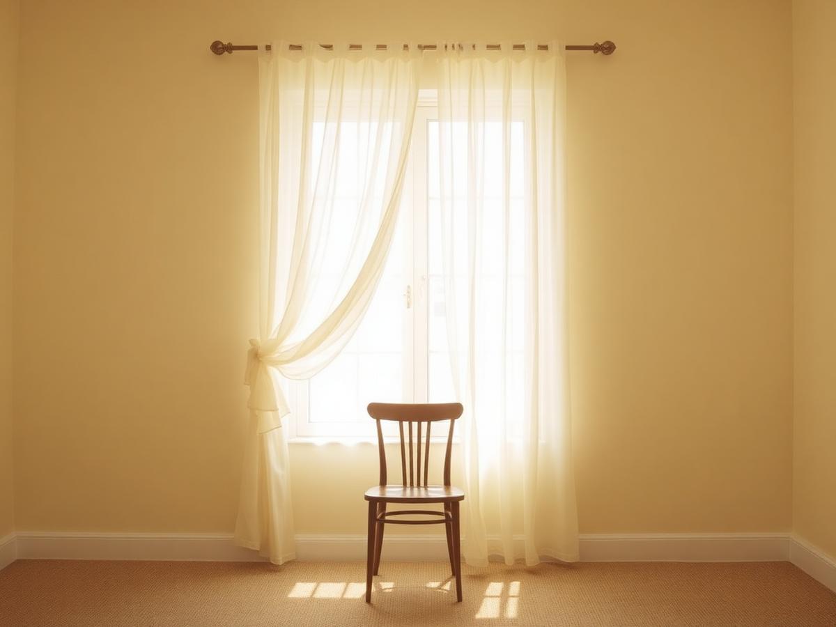 A sheer curtain lifting at an open window beside an empty wooden chair