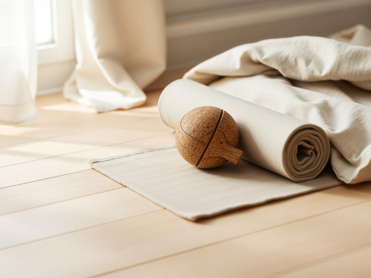 A cork massage ball and a rolled linen mat on a pale wooden floor