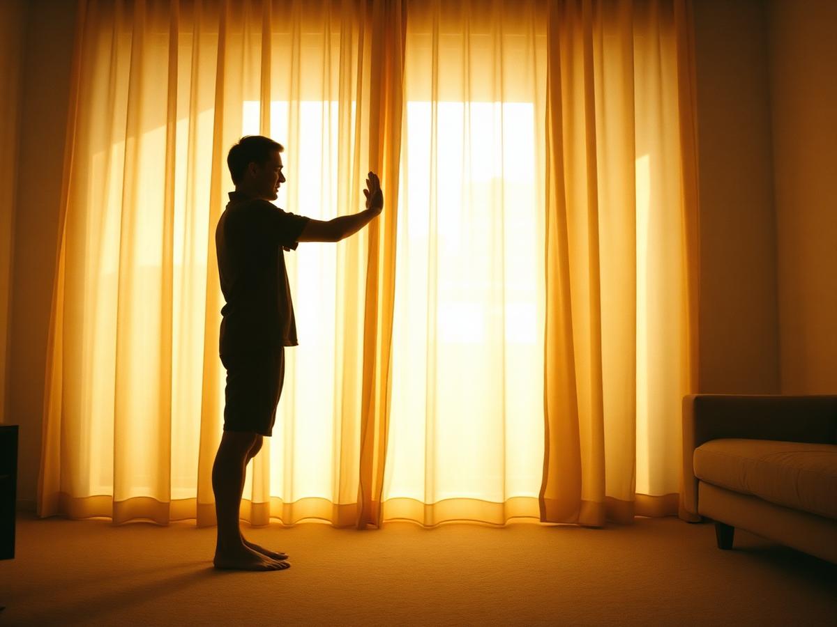 A person standing barefoot in a simple tai chi arm posture by a bright curtain