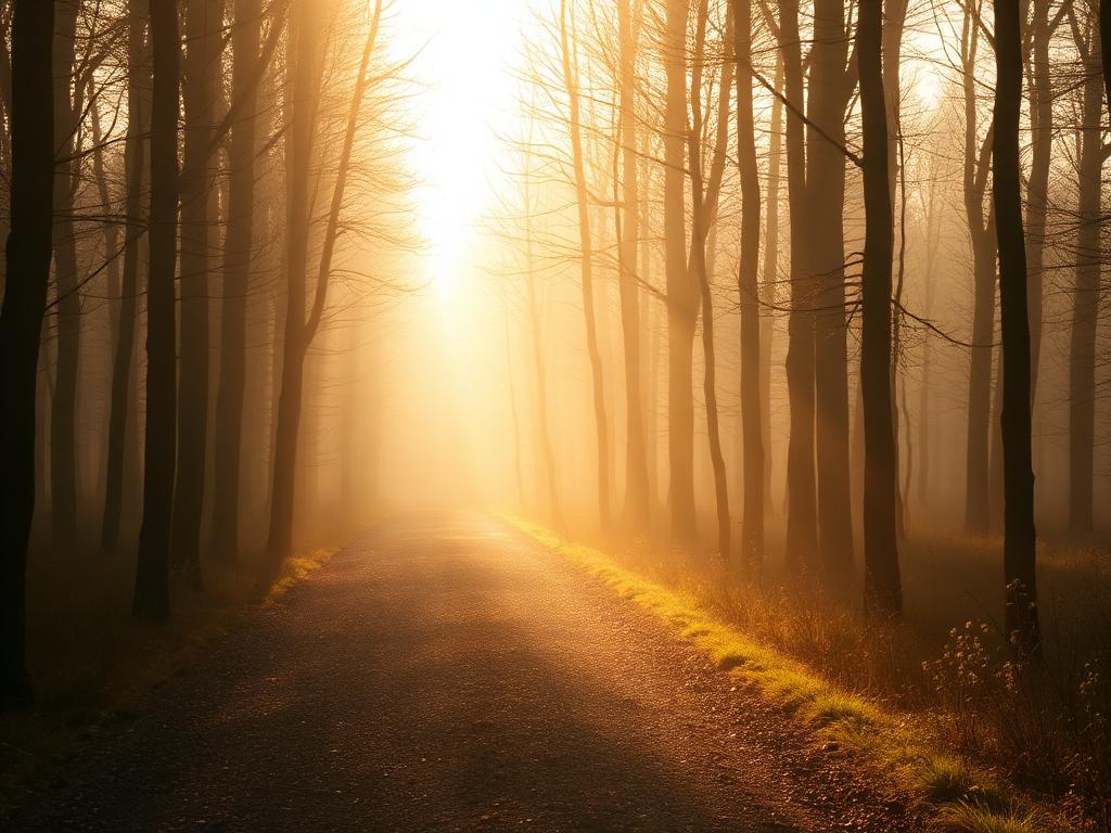 A quiet forest path in golden light