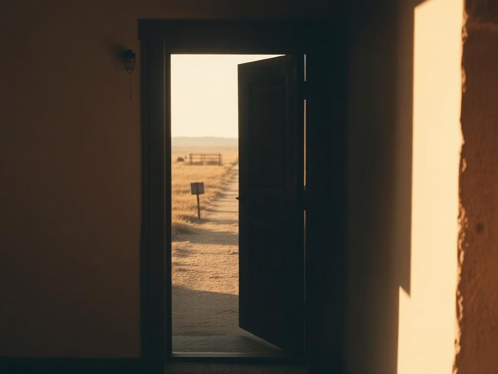 An open door with warm light on a path beyond