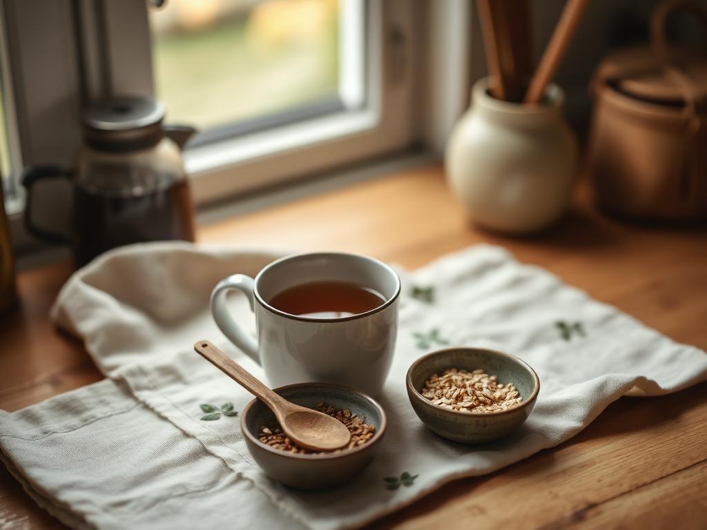 A warm mug and simple ingredients on a kitchen table