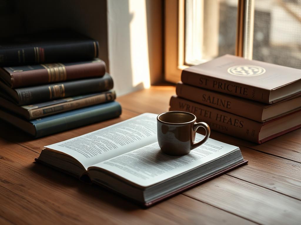 An open book and a warm mug in soft window light